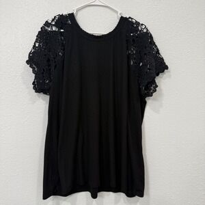 Torrid Womens Black Ribbed Crochet Lace Sleeve Top Plus Size 3 3X Keyhole Back